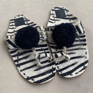 Figue Scaramouche Zebra Calf Hair Sandals with Pom Poms - Size 9